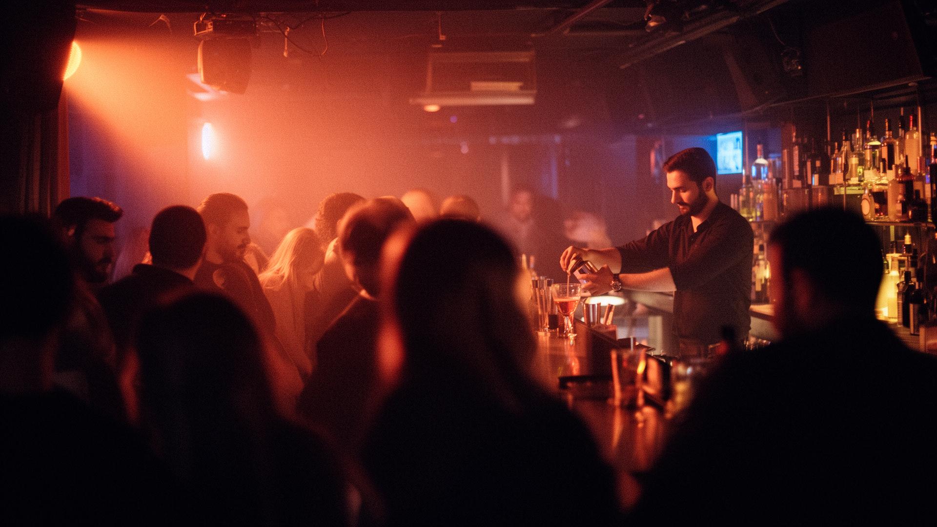 Bucharest nightclub interior with coral neon glow